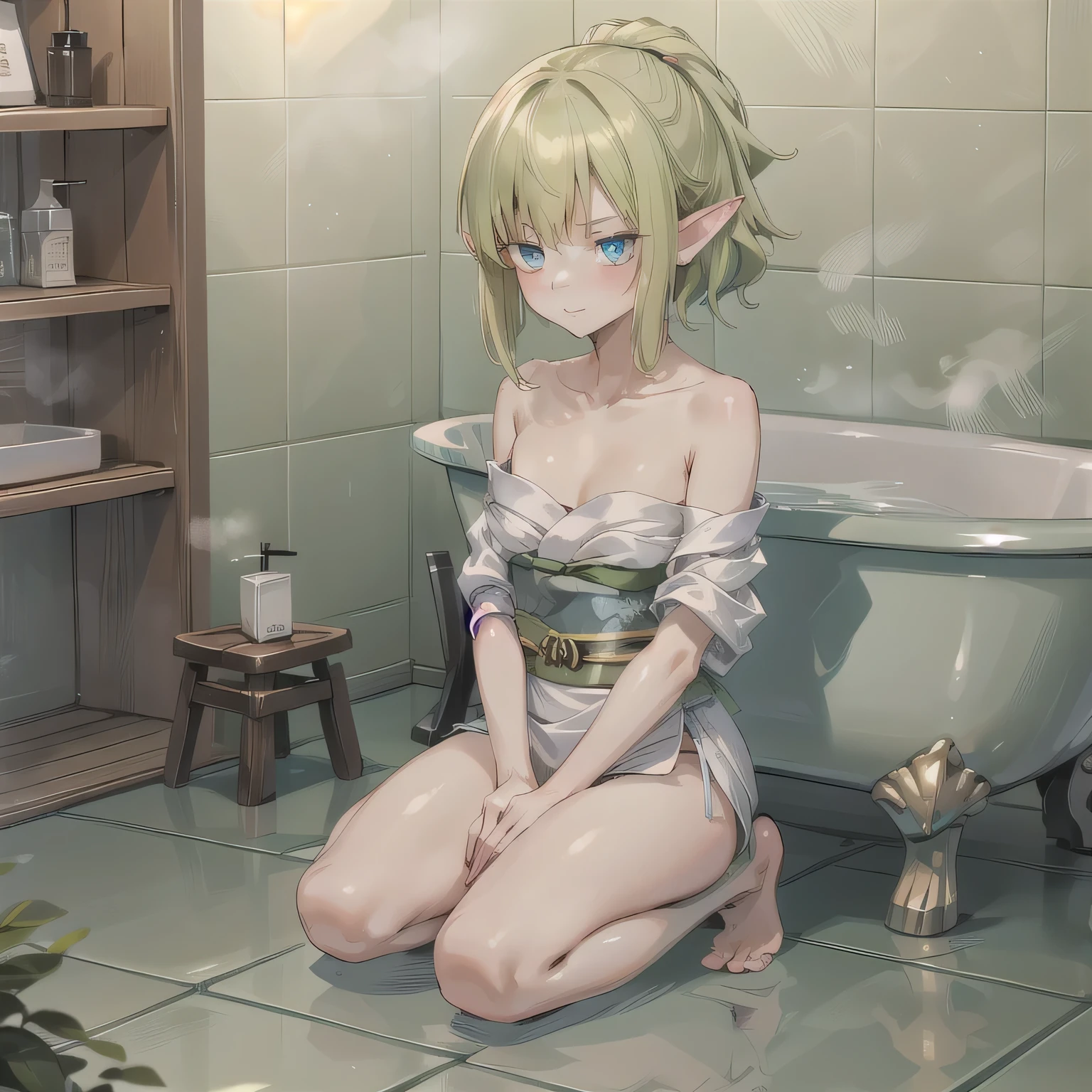 A beautiful woman in a A narrow, compact Japanese bathroom, with tiled walls, a small bathtub, and a wooden stool beside it. Steam fills the room., sitting in seiza style , politely waiting to greet someone.The character is wrapped in a towel around the body. Short, green hair, pointy ears, blue eyes.