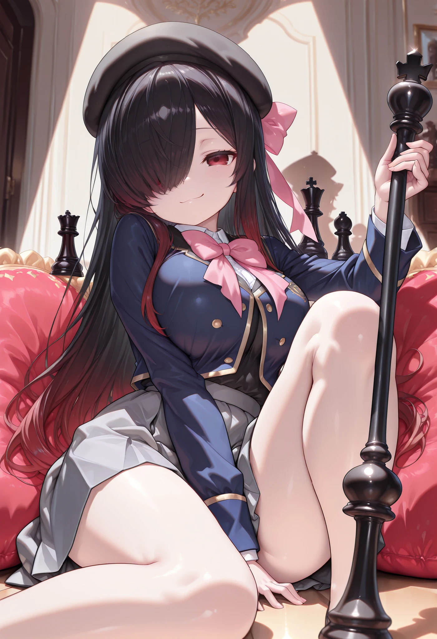 1girl, Kuroki Monika, red eyes, gradient hair, black hair, red hair, long hair, asymmetrical hairline, hair over right eye, large breasts, (petite but curvy), idol, blue jacket, youtou high school uniform, hat ribbon, bowtie, collared shirt, ribbon, pink ribbon, beret, grey skirt,
cushion, chess board floor, scepter, holding scepter, massive chess piece, chess piece, queen (chess),
one knee up, sitting, doyagao, smug, spotlight,
dynamic action, pose,
foreshortening,cinematic lighting , cinematic angle, soft light , color detail, backlighting, Depth of field, long exposure, light steps, intricate colors, vibrant colors,project sekai; soft; pastel; colorful; detailed; details; masterpiece; high quality; best quality; ultra details; amazing; stunning; illustration,((4k,8k,Ultra HD)),((Masterpiece :1.2)),((Best quality :1.2)),((Detailed :1.5)),((Detailed background :1.5))