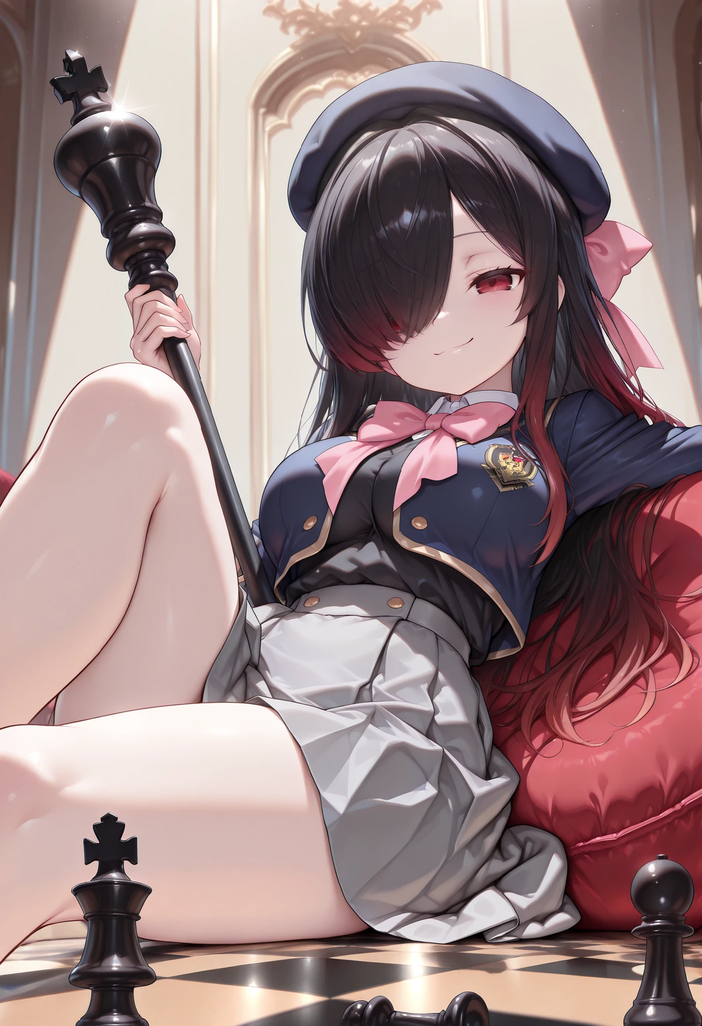 mio_base, hair ornament, sailor collar, black skirt, detached sleeves, midriff, kouhaku nawa, white thighhighs, tail wrap, tail around leg, topless, bottomless, spread legs, crotch grab, masturbation, dildo, orgasm