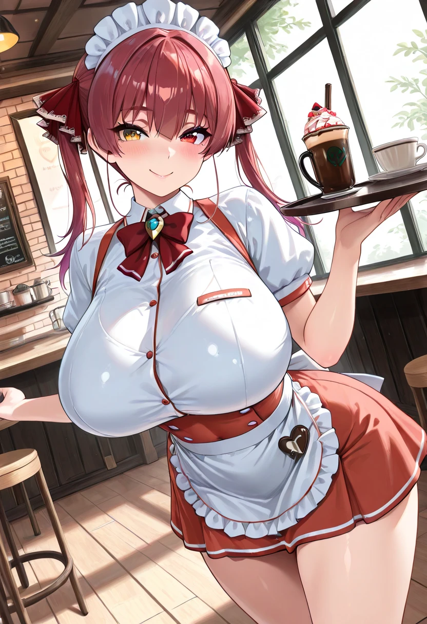 Hentai manga、High resolution、smile、Katsushika Hokusai、A gal with huge boobs serving customers in an apron dress at a retro diner、A seductive look、Perfect proportions、Cowboy Shot、Fatty legs、Clear eyes
