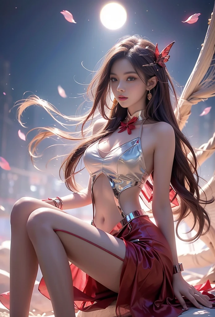 (tmasterpiece, Best quality at best: 1.2), Girl with phoenix wings standing in a ring of fire, red eyes, fenghuang, lotus flower, red gold pink, sunrise from mountains background
