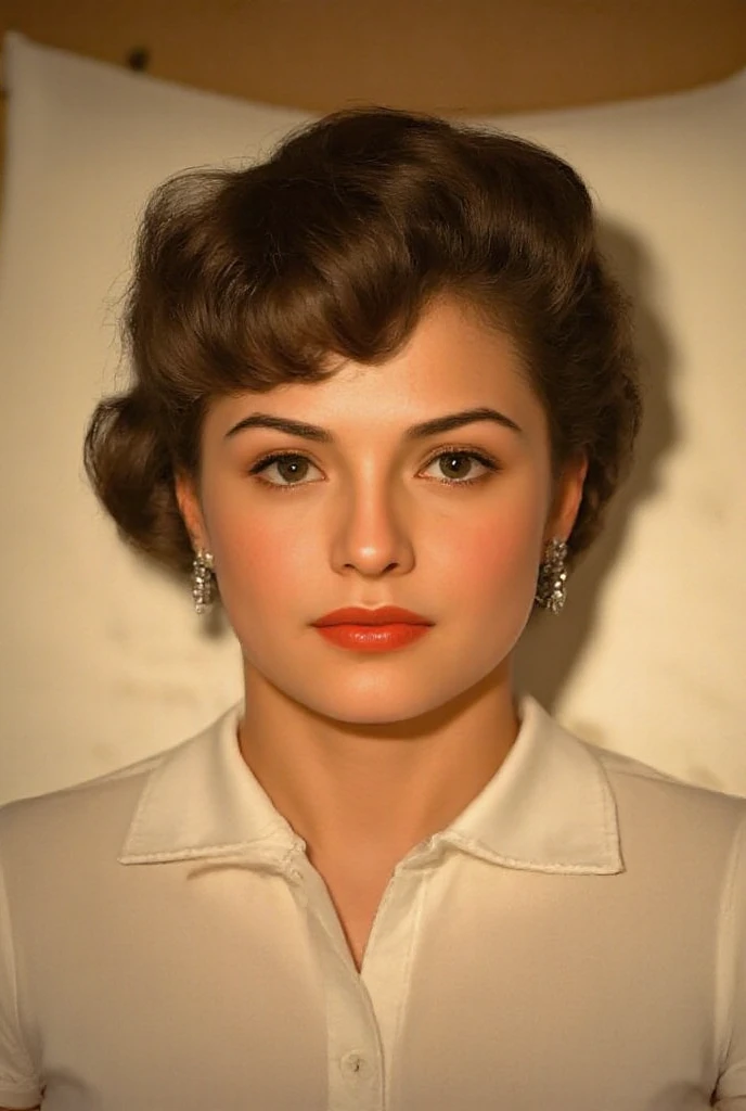 Portrait of a lady from the 80s, picture is torn and has scratch marks, picture is worn out, aging paper, youthful woman, adult woman, mature female, Shiny Skin, perfect eyes, Shining eyes, Pink Lips, Shiny Hair, Black hair, bangs, (white Collared shirt, fine details, Earrings, white bra, necklaces), (torogao, Blushing, looking up, clenched teeth), (lying on bed, lying on back, Lying down), breast grab, armpits, Bedroom, low key lighting, hard lighting, dramatic shadows, high contrast, backlighting, sweating, Saliva, Steam, hot breath, Trembling, writhing, feeling, pleasure, Sensual, beautiful, Recording screen, POV, (Dutch Angle), Correct Anatomy, Sharpness, Detailed Art, (masterpiece, best quality),