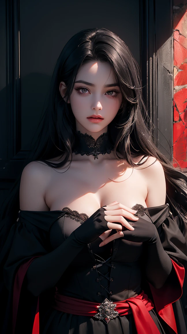 a beautiful vampire queen with long flowing black hair,a sexy black dress revealing a glimpse of sexy red lingerie, pale skin, captivating gaze, dramatic lighting, dark fantasy,cinematic,chiaroscuro,dramatic shadows,dramatic highlights,moody,atmospheric,high contrast,rich colors,deep red lips,flawless porcelain skin,elegant,alluring,seductive,mysterious,gothic,dark,dramatic,photorealistic,8k,high quality,extremely detailed,intricate details,masterpiece