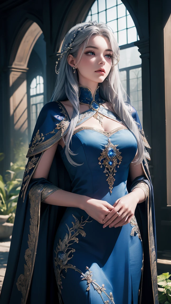 fantasy, Princess Targaryen, full-length, in the garden, a girl with white hair, in a blue dress embroidered with gold threads of rubies and diamonds, with open shoulders, looks like Jessie Mae Lee,, hd