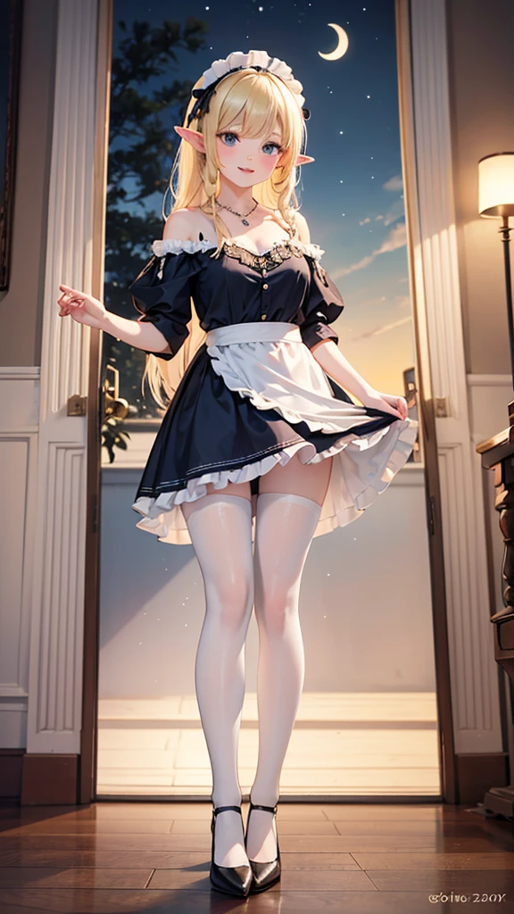 (hyperrealistic), (illustration), (high resolution), (8K), (extremely detailed), (best illustration), (beautiful detailed eyes), (best quality), (super detailed), (masterpiece), (wallpaper), (detailed face), solo, 1 girl, white wavy hair, korean, heterochromic eyes, small moles under the eyes, maid outfit, big breasts, long legs, tight abs, (camel toes), (black stockings), (no panties)
