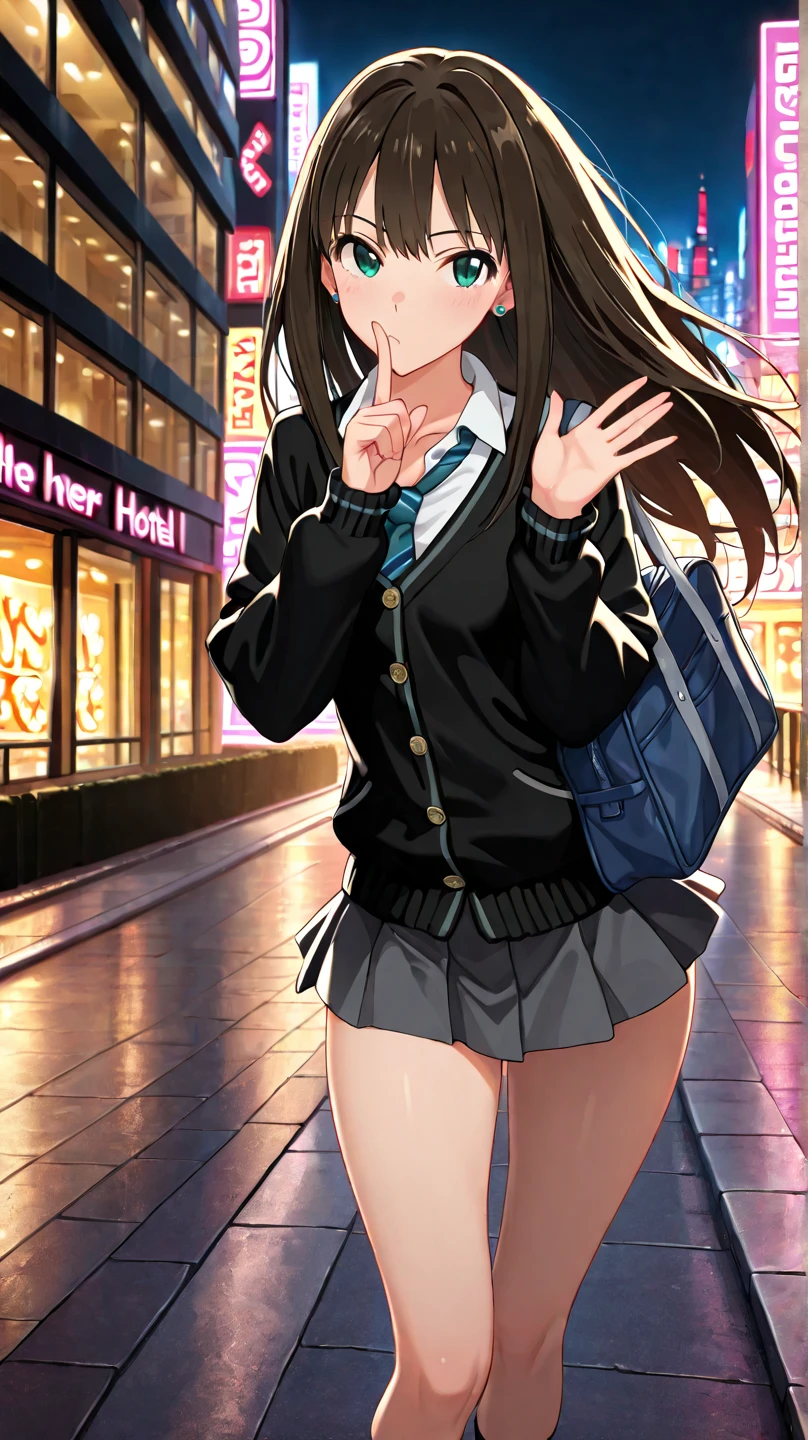{Highest quality], [Super beautiful], [Ultra fine], [Best illustration], NSFW,Brown Hair, Hime cut, Long Hair, With bangs, girl,high school student,uniform,knit,smile, blush, Slender women, Adult women,Standing posture,(Public),Night Park,Summer festival,diagonal, Navy blue knee socks,Black Loafers、Stripes々Panties、Without skirt、Panties in full view、From the back