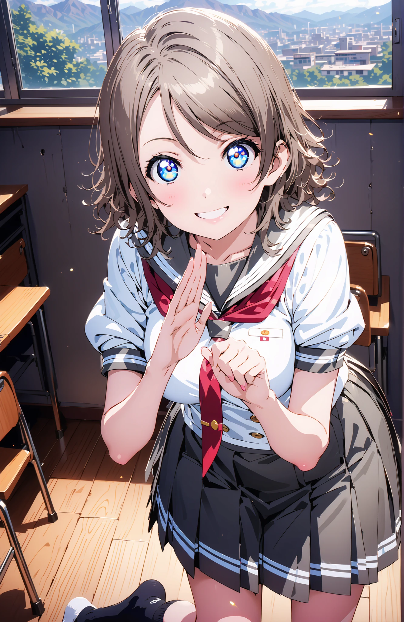 solo, 1 girl, Watanabe, short hair, medium breasts, Hair,blue eyes,smile,blush,grinning,
break skirt, uniform, short sleeve, pleated skirt, sailor suits, socks, neckerchief, black socks, (red neckerchief:1.2), grey skirt, uranohoshi uniform,She is holding a bouquet of flowers with her left arm,is in a salute pose with his right hand,standing,machine,chairs,curtains,window,noon,綺麗な街並みbreak indoors, Classroom,
break looking at viewer,full body,
break (masterpiece:1.2), best quality, high resolution, Unity 8k 壁紙, (illustrations:0.8), (beautiful detailed eyes:1.6), Highly Detailed Face, perfect lighting on the table, extremely detailed CG, (perfect hand, perfect anatomy),,
