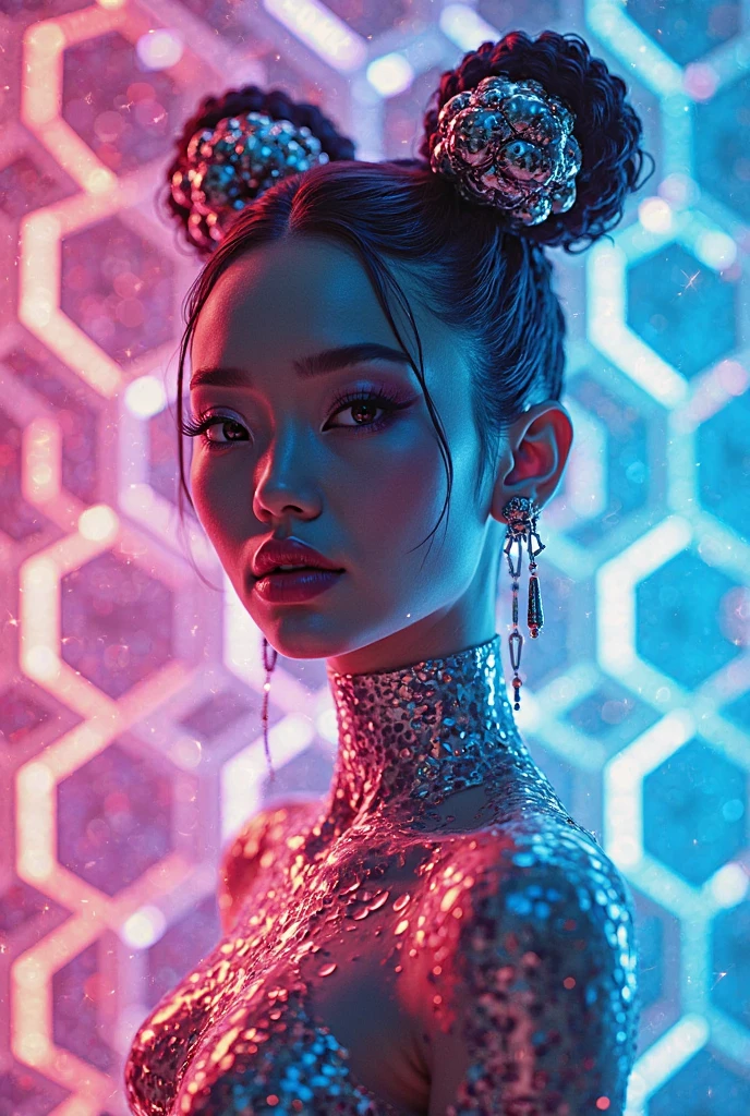 "Neon holographic 'Nao' with chrome bees, glowing hexagon honeycomb grid, metallic pink and blue gradient, cyberpunk luxury, futuristic high-tech glam, reflective surfaces, sci-fi editorial, 3D render"