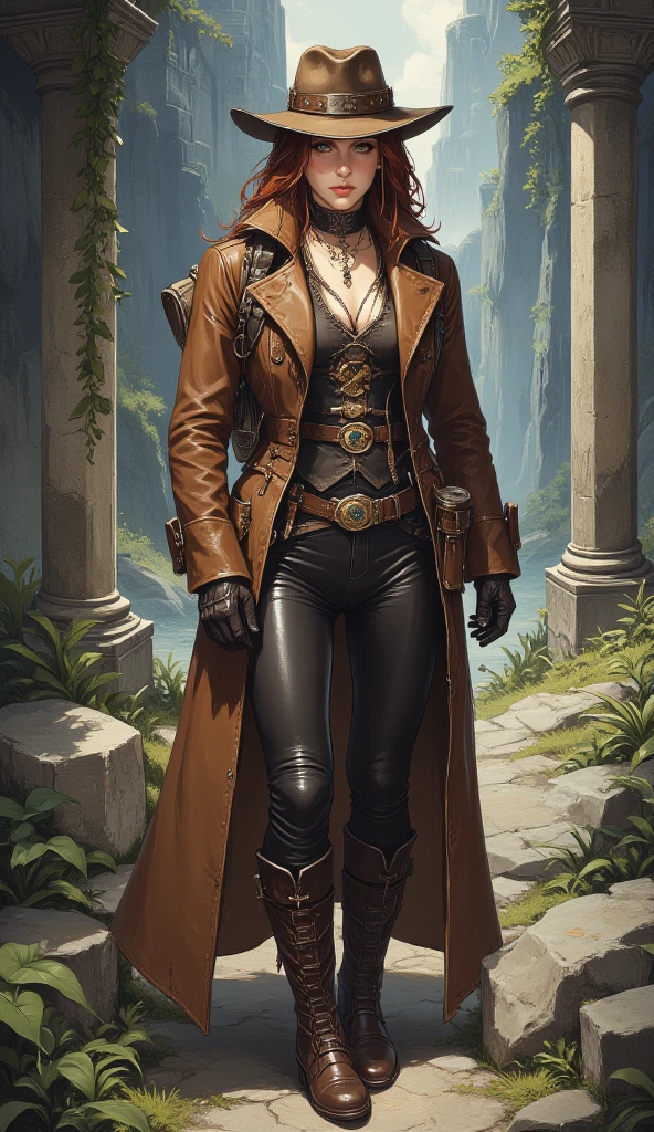 In the heart of a lush jungle, where the air is thick with humidity and the sounds of exotic wildlife echo through the trees, a fearless steampunk adventurer navigates the remnants of an ancient civilization. She is dressed in form-fitting leather pants that allow for ease of movement as she climbs over crumbling stone and tangled vines. The rich, dark leather is both durable and stylish, perfectly suited for her daring exploits. Her tanned skin glistens with a sheen of sweat, a testament to her relentless pursuit of adventure. She wears a fitted, short-sleeved shirt made of breathable fabric, its earthy tones blending seamlessly with the jungle surroundings. Over her shirt, she sports a long, weathered coat, its edges frayed from countless journeys. The coat is adorned with brass buckles and pockets filled with tools, maps, and other essentials for her explorations. Her sturdy, knee-high leather boots are equipped with reinforced soles, ideal for traversing the uneven terrain of the ruins. A pair of vintage goggles rests on her forehead, ready to protect her eyes from the dust and debris as she uncovers the secrets of the past. Around her neck, a brass pendant shaped like a compass dangles, symbolizing her unyielding sense of direction and adventure. A leather satchel hangs at her side, filled with artifacts and treasures she has collected along her journey. As she stands amidst the towering stone structures, vines creeping over the ancient carvings, her confident stance and determined gaze reveal a woman who thrives in the face of danger, ready to uncover the mysteries hidden within the jungle's depths.