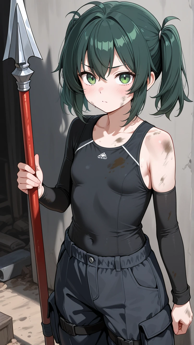((((hands tied behind)))), ((turn your arms behind your back)), brown rope, bondage, ((grit your teeth)), ((((close one eye)))), ((wink)), anger, ((((blush)))), ((it hurts)), (((frown))), frown, (((Sweat))), blush, origin, 1 girl, alone, skirt, it hurts, blush, black thighs, The same thigh, (wariza), ((sitting on the floor)), light green eyes, concrete floor, concrete wall, underground, underground, indoor, blush, black skirt, gloves, looking at the viewer, (black skirt), green coat, hair between eyes, black stockings, bangs, short hair, surreal, very detailed, detailed face, very detailedテクスチャ, clavicle,