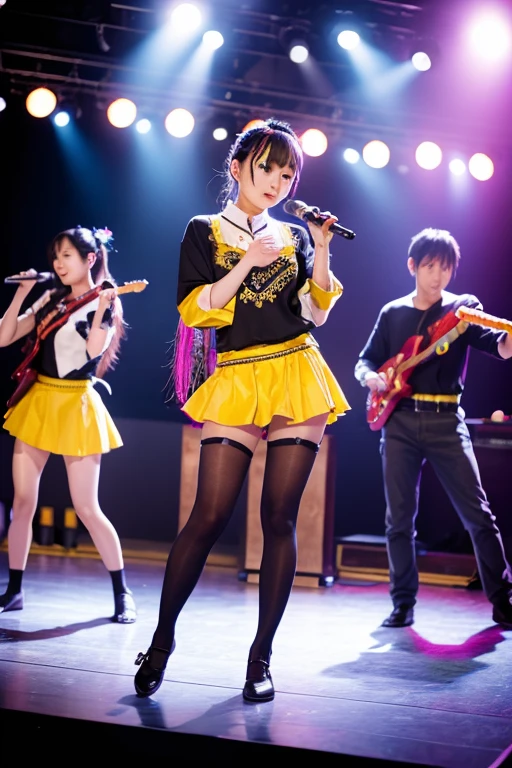 Beautiful fullbody photo of an idol singer、Masterpiece Quality、Shining Girls、Miniskirt Uniform、Bright stage lighting、Rock Stage、ultra wide-angle、from below, bimbo