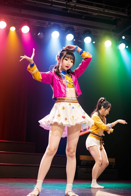slim figure, femele, Pink idol costume, frilld, Ren Hao, bow ribbon, Katyusha, concert, stage, dance, realisitic, masutepiece, bangss, Junior High School, stright long hair,Dasmile