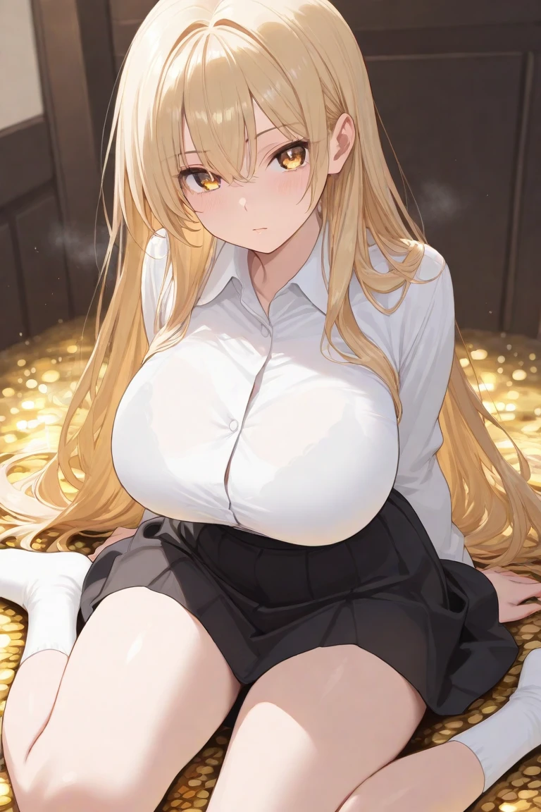 masterpiece、Highest quality、Best image quality、High resolution、Big Breasts、Blonde、Yellow Eyes、Long Hair、Black Uniform、Unbranded uniform