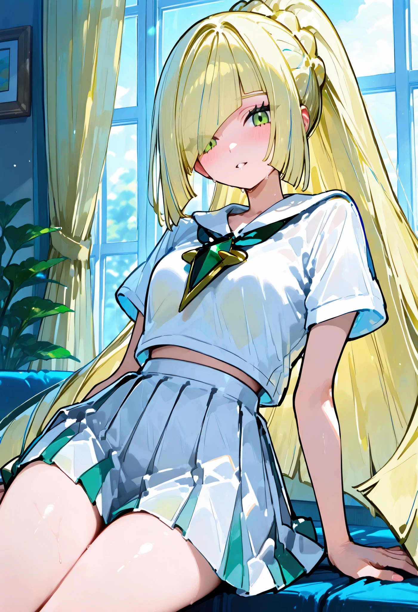 Lusamine - Pokemon, green eyes, blonde hair, very long hair, bangs, hair over one eye。超貧乳。long hair, blonde hair, french braid, ponytail, whiteブレザー, short sleeves, pleated skirt, white skirt。水色ネクタイ。成熟した女性。Lillie風。748cmstyle。浜辺。娘の服を真似る