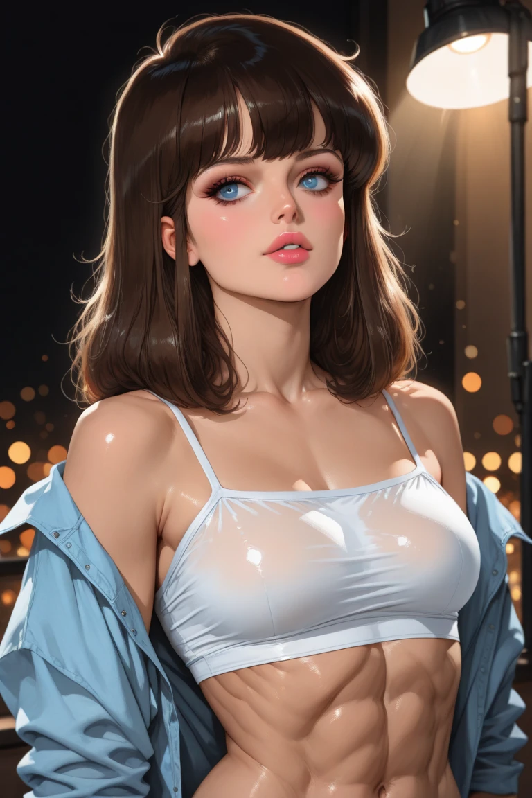 SFW, 1girl, big clear eyes, eye contact, (mid breasts:1.2), red choker, wide view, parted lips, pulpy lips, bright orange hair, showing off the skirt, long messy hair, bangs, highly detailed, soft tones, extreme detail, no background, (detailed textures:1.1),  dramatic light, happy smile, high Depth Of Field, slight fisheye lens