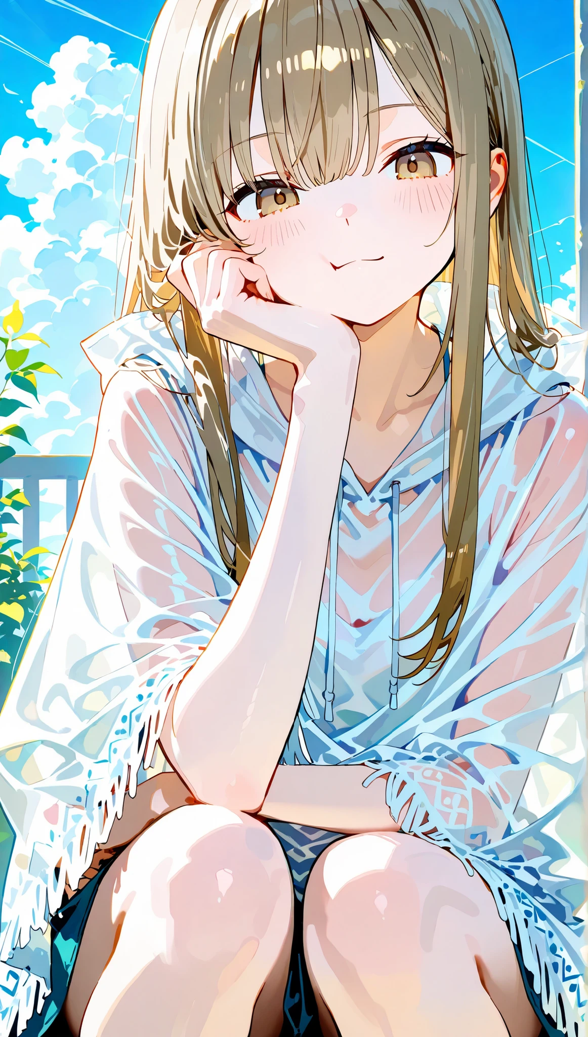 perfect anatomy, 20 year old cute girl、very white skinned girl、cute face、light brown eyes、brown hair、long straight hair 、bothered expression、Cheek resting on hand、オーバーサイズの white poncho、(((see-through poncho、erotism、 white poncho)))、Western-style garden、sit in the gazebo