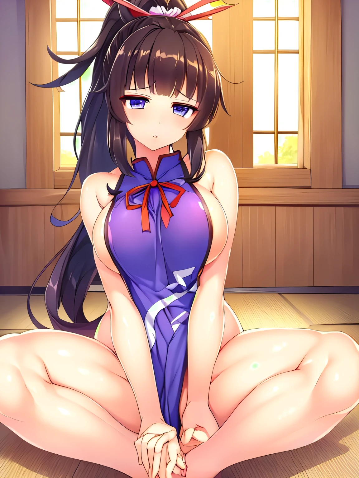 ((The best画質、The best、 1 girl、Details))、Kagekatsu、
Tied hair with a red ribbon、A ribbon that spreads left and right、Ribbon visible from the front、black hair ponytail、Tiny bangs、straight hair、Ahoge hanging down in front 1:1.2、Kagekatsu hairstyle、
chest、Big Breasts、大きなchest、Mature Woman、tall、light purple eyes、droopy eyes、Red eyeliner、looking at the camera、
Broken Lips、expressionless、
Tabard、tabard:1.5、 skin radiance, 1 girl, solo, indoor, sunlight、opening、is sitting、Open your legs to the left and right、