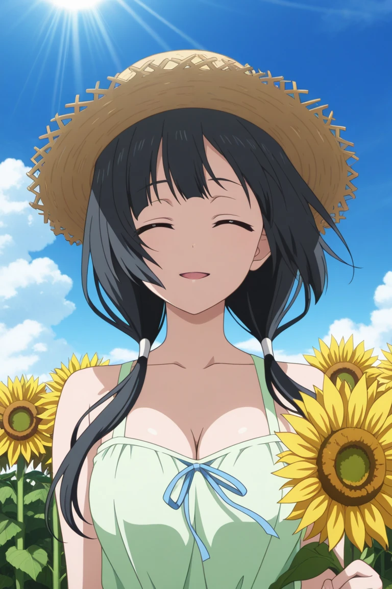 Best image quality,1People Girl,Long Hair,Shiny Hair,black eye,Shining Eyes,smile,Double teeth,sunflower,stream,Water Play,Wet,girl,small,small breast,Swimwear,Mansuji is visible