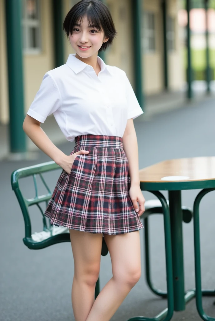 ((highest quality, 8K, masterpiece :1.3)), Photorealistic、Ultra-high resolution、Natural skin texture、Hyperrealism、Photograph from the knee up、12 year old beautiful Japanese girl、White collared shirt and tie、Checkered mini skirt、Serious expression、Pain and gasping