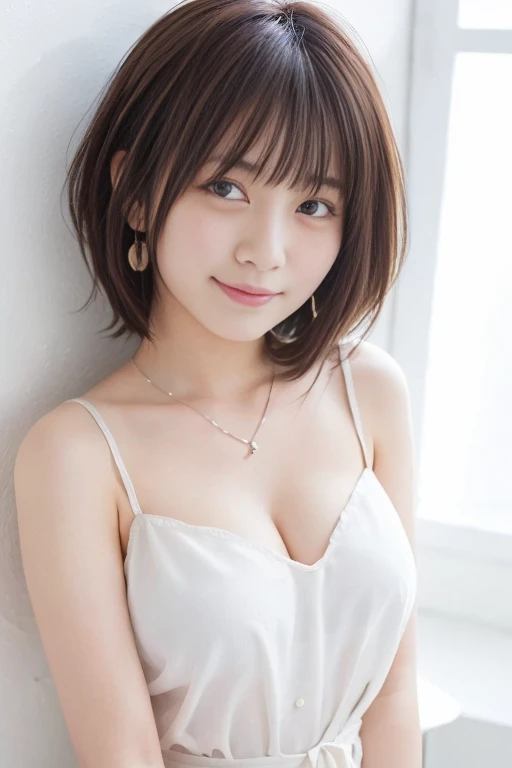(((highest quality, realistic, 8K, High resolution, )))(((A girl with a plump figure))), ((smileで丸顔女性)), (skin dents), (full body portrait), nice, ((white background, wearing a blouse、big breasts:1.72)), ((short straight hair, parted bangs:1.7)), looking at the viewer,Big ass、 (1女の子 eyes looking at the viewer:1.6), realistic, (Bokeh), (smile, closed mouth:1.3), nice, Pueros face_v1:1,