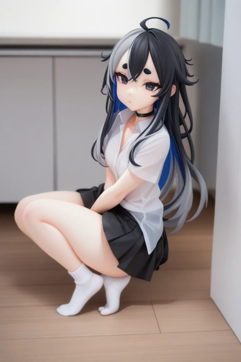 An anime girl with very long dark blue hair with straight bangs with some strands of hair on the side of her cheeks, slanted fuchsia eyes with a smile on her face mature body a mole under each eye with a gray skirt with long stockings up to her legs and a white shirt with blue lines