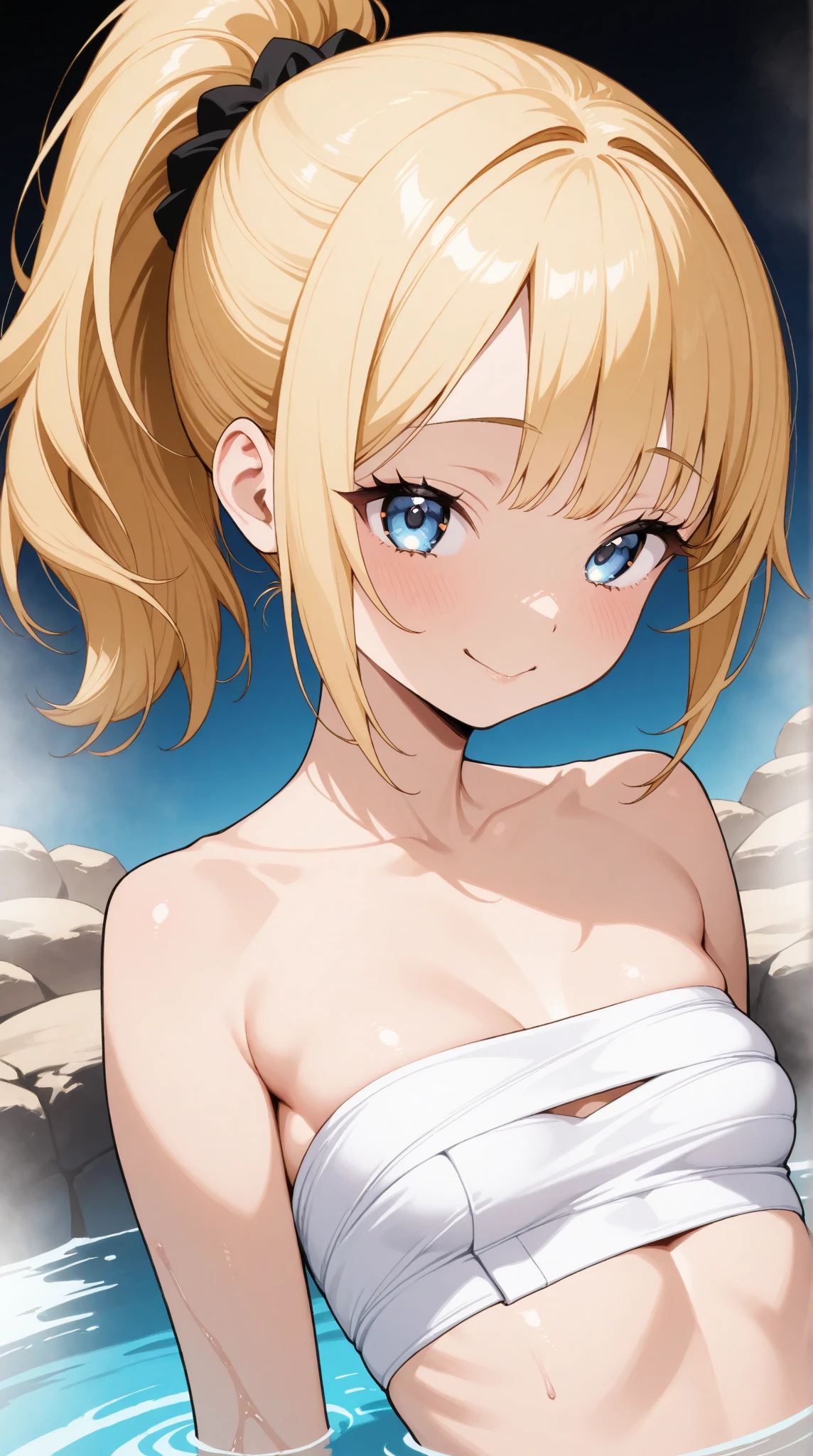 best quality, masterpiece, solo, 1girl, , cute, yellow hair, short hair, forehead, slicked back hair, wavy hair, (hair intakes, hands pointing hair intakes, showing hair intakes), ((light blue cute eyes)), huge chest, huge breast, cowboy shot, (nude), nipples, pussy, ((blush)), grin, pov, looking at viewer, white background,