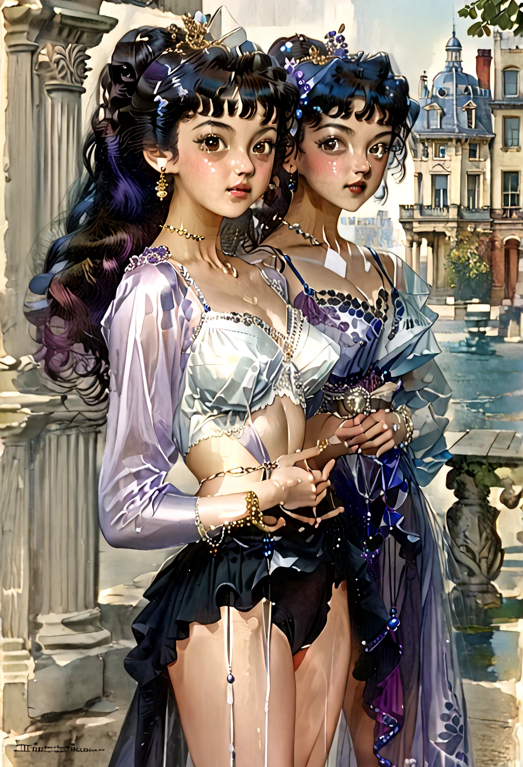 （Positive focus),2girls,duo,navel,(on the St. Peter's Square of Vatican,crowd,winter,Snowy),Surrealistic Female Portraits by David Hockney and Alphonse Mucha,Fantasy art,photograph realistic， Dynamic lighting，art  stations,poster for,Volumetriclighting,Very detailed faces,4K,Award-Awarded,Fantastic costumes,Deep shadows,low tune,cowboy lens， （official outfit：1.4）， looking at the camera in， Half-body shot，（（Realistic face））），