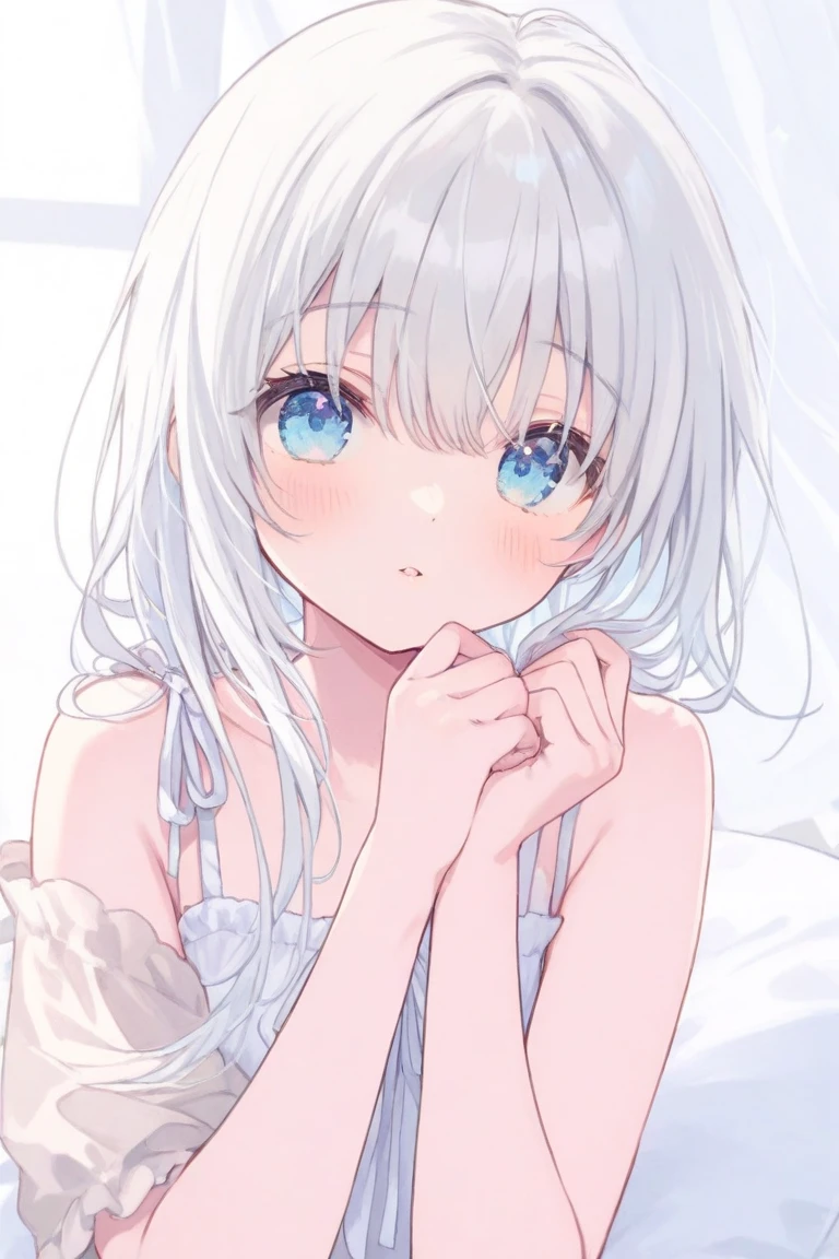 1_girl, Long white hair, Blue Eyes, Small breasts, Sexy pose wearing white, cushion, Lots of light, On all fours、Covered by the camera、White liquid on the face、Jumping on a man's face、Stick your butt out、I can see the nipples、Eating long sausages with relish