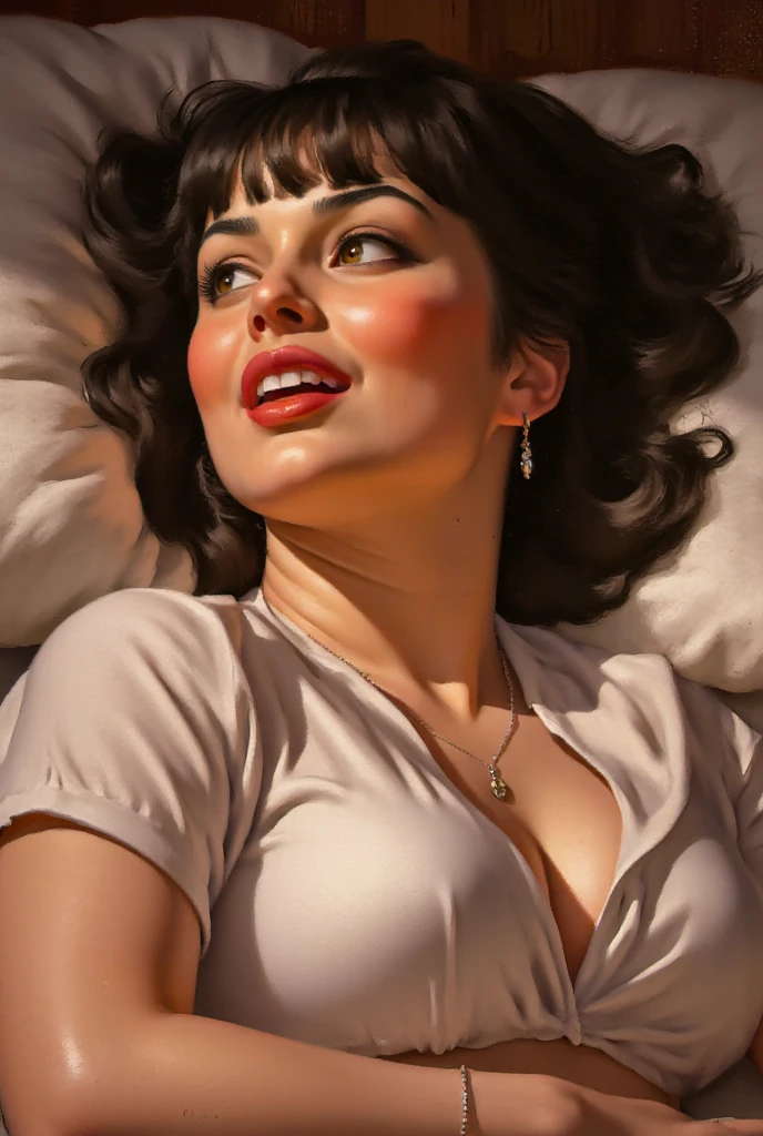 Soviet girl on propaganda poster. Naked, missionary pose. Cum on stomach. Saved pussy. Blue eyes. Brown hair. Laying in bed. Looking up at camera. Unrealistically big chest. Open mouth. Moaning. Full body. Hand on stomach. Propaganda bed sheets.