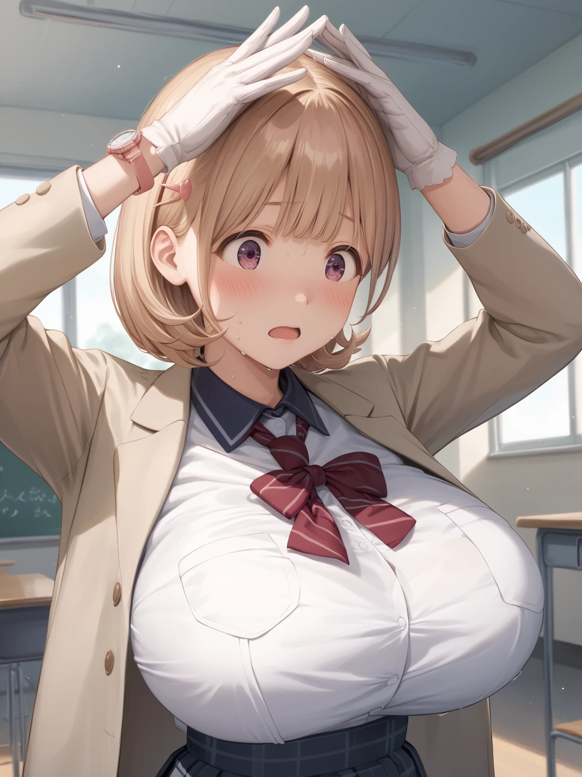 ((Masterpiece, Best quality, A high resolution, hyper HD, Perfect pixels, Depth of field, 4K, RTX, hdr))), 1girll, Single, Solo, Beautiful anime girl, Beautiful Art Style, Anime figure, ((Long hair, bangs, Purple colored hair, Curly hair:0.8)), ((Blue eyes, Rounded eyes, Beautiful eyelashes, Realistic eyes)), ((Detailed face, Blushing:1.2)), ((Smooth texture:0.75, Realistic texture:0.65, Photorealistic:1.1, Anime CG style)), Dynamic Angle, Perfect body, , ((red bowtie, school uniform, Black jacket, Open jacket, Brown cardigan, White shirt, Black skirt, Plaid skirts)), Smile,(School playground 1.2)Slender beautiful legs,White sneakers,Sit on the playground, (large breasts:1.6), (shirt ripping:1.4)