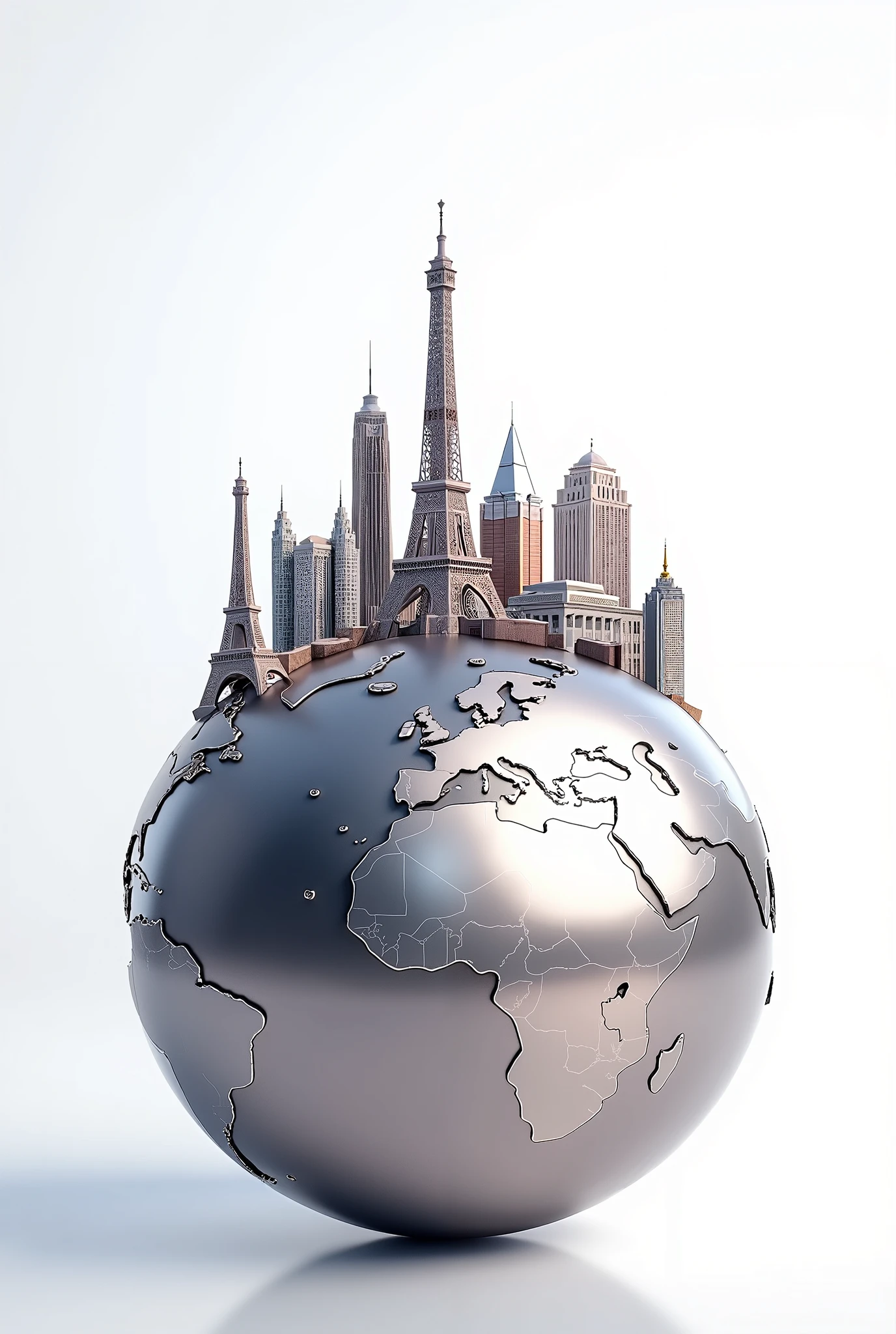 a globe with 10 famous landmarks on top of it. isolated on white background.