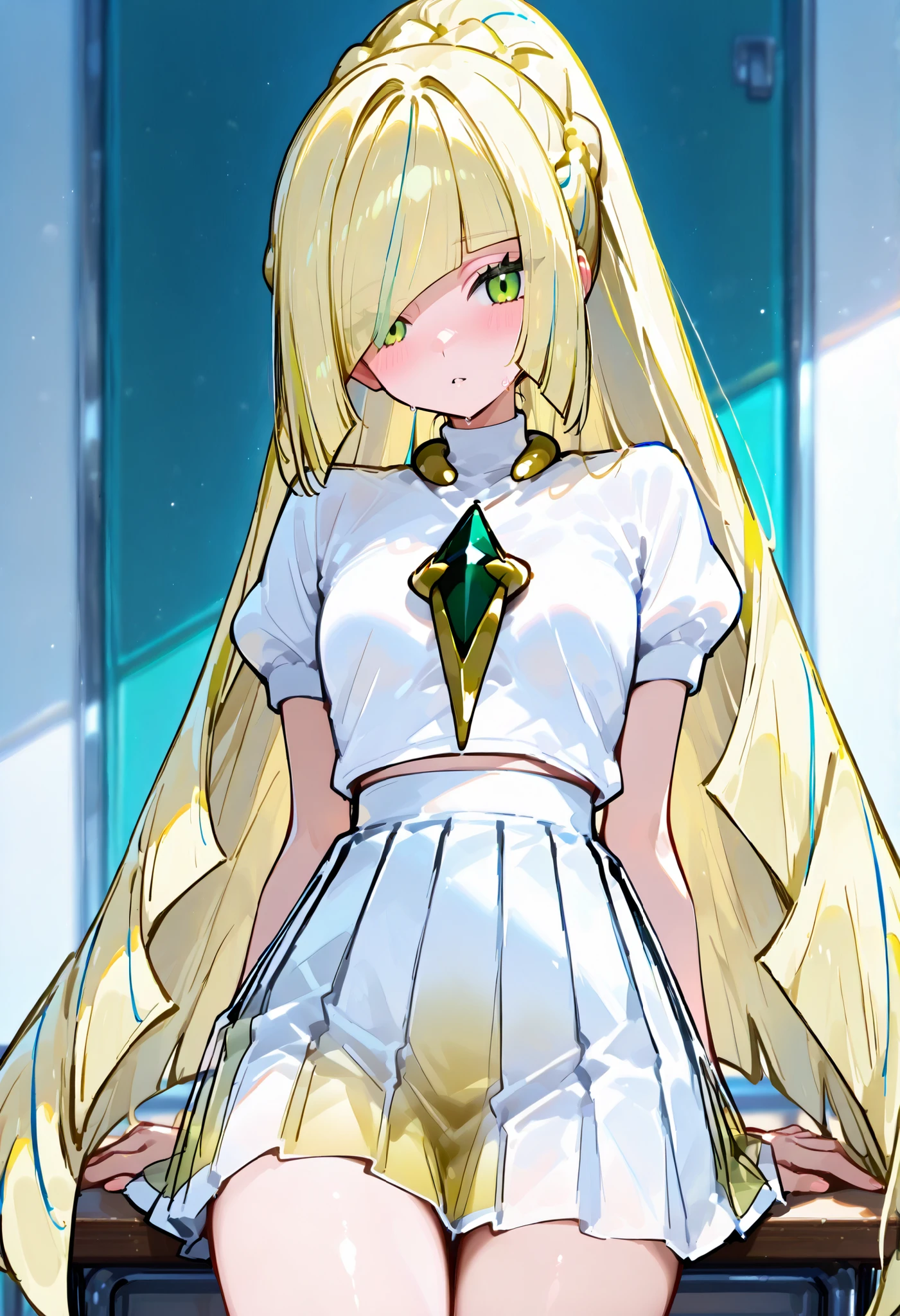 Lusamine - Pokemon, green eyes, blonde hair, very long hair, bangs, hair over one eye。超貧乳。long hair, blonde hair, french braid, ponytail, whiteブレザー制服, short sleeves, pleated skirt, white skirt。水色tie。成熟した女性。Lillie風。748cmstyle。ビーチ。娘の服を真似る