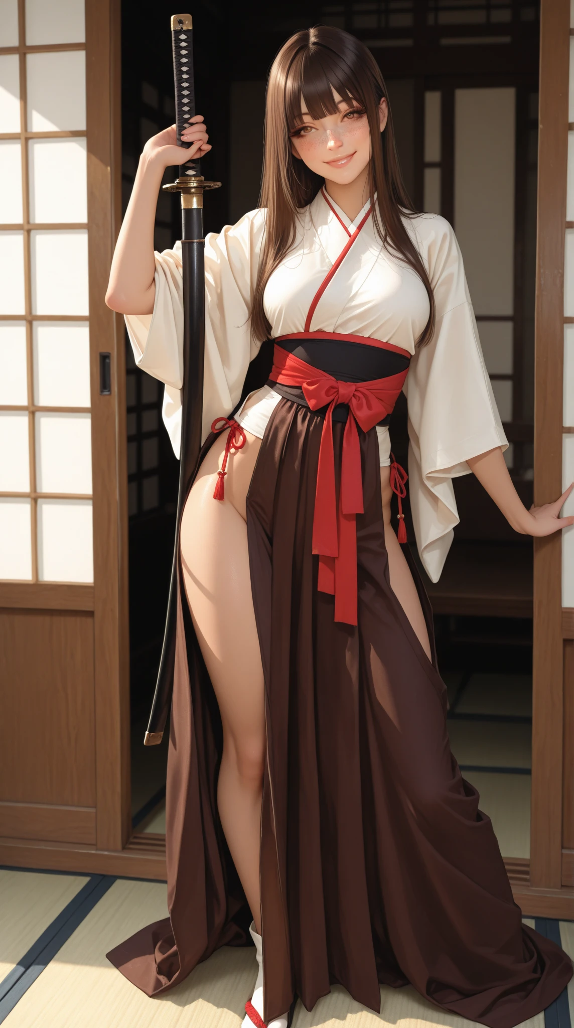 photorealistic, dynamic pose, portrait, high details, 1girl, delicate face, pale skin, skinny body, (headband):1.2, (long hair):1.2, ((modern kimono, huge rope belt, (torn red linen short shorts with open sides), (linen thigh highs)):1.2), panty visible, (small waist):1.3, ((wide thigh gap):1.3, (wide thighs):1.2), masterpiece