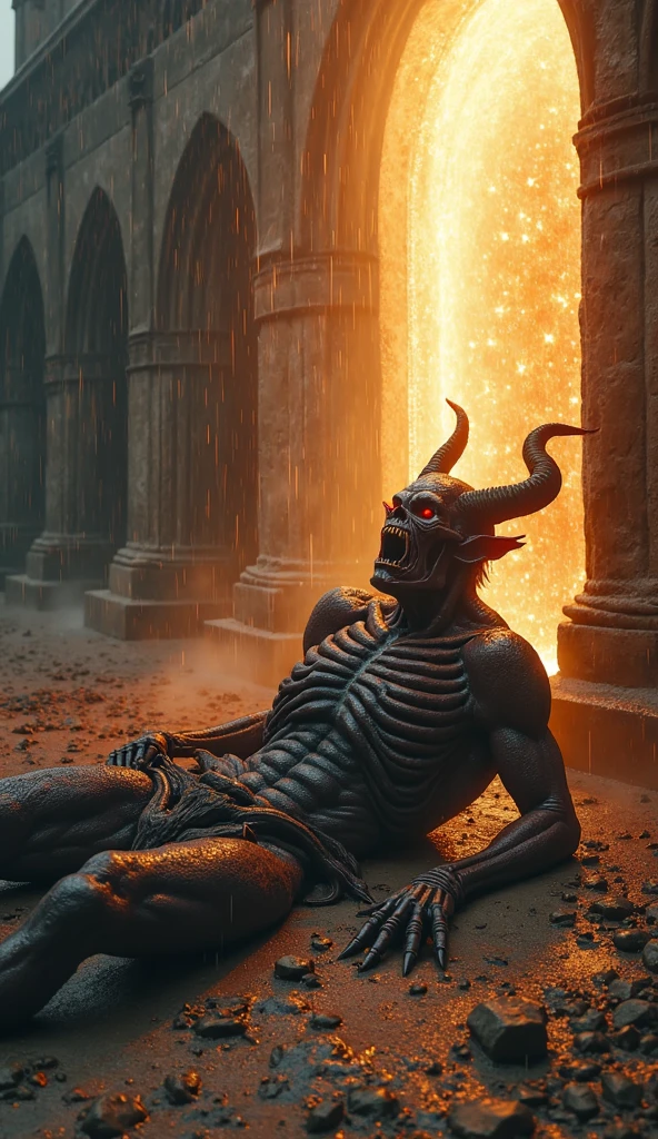 "A powerful and symbolic scene showing the devil defeated. The devil is in a subjugated position, defeated and fallen, with an expression of frustration and defeat. The surrounding scenery is dramatic and intense, with a combination of dark colors and extinguished flames to emphasize the end of its power. There may be symbols of your defeat, like chains, ruins or signs that its influence has been broken. No fundo, there may be a radiant light or glow that symbolizes the victory of good over evil. The image should convey a sense of triumph and resolution., highlighting the definitive defeat of the devil."