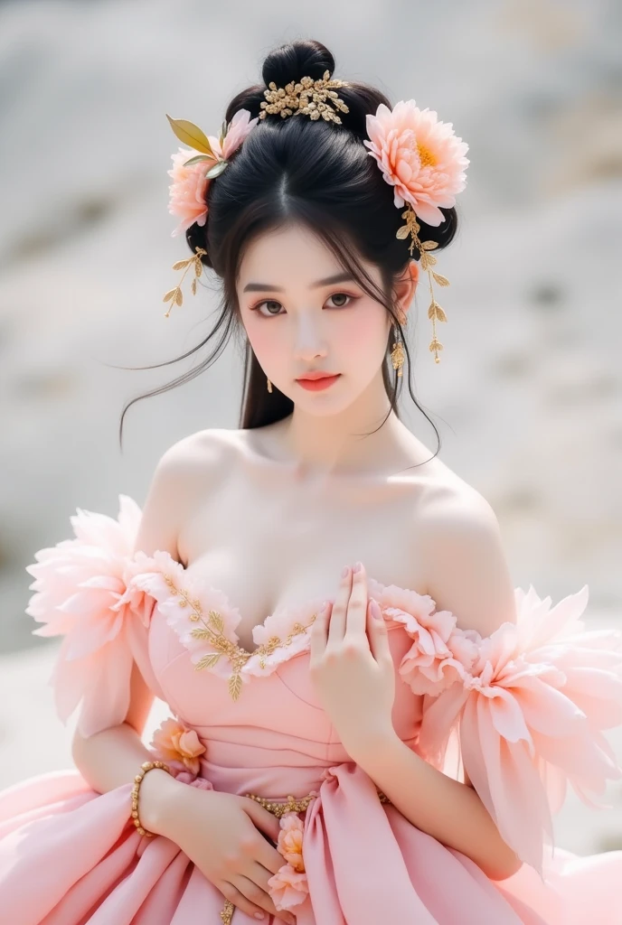 top-quality、masterpiece、超A high resolution、(Photorealsitic:1.4)、Raw photo、女の子1人、(((White Dragon Background))),(Armor with beautiful patterns in every detail)、(((heavy breasts))),glowy skin、(((Cliff background、Large mountain ranges、falls))))、(Random hair),(((Detailed Micro Bikini)))、(((Mystical expression))),(((glowy skin))),(Gorgeous pink rubber body))、((She has a beautiful floral ornament on her head)),((angelicales)),(Background of decaying dungeon ruins)、(Ultimate Beauty))、(Full Body Angle)、((super realistic details))、portlate),globalillumination、Shadow、octan render、8K、ultrasharp、Colossal tits、Raw skin is exposed in cleavage、Details of complex ornaments、Japan details、highly intricate detail、Realistic light、(Mystical expression),CGSoation Trends、Blue eyes、radiant eyes、Facing the camera)、Toostock、Ultimate Beauty、Detailed sword)、(((dragon background))),Precipitous cliffs、Amazing heavy breasts、Wear a large floral ornament on your head、