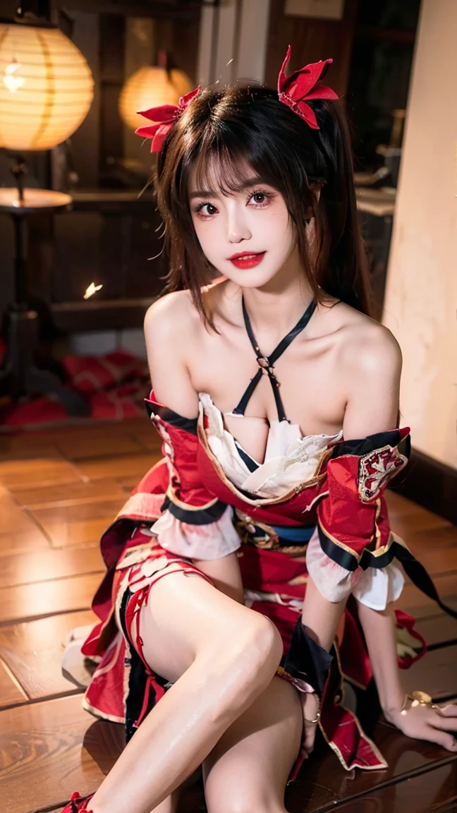<lora:yanfei:0.75>, 1girl, smile, yanfei \(genshin impact\), hat, antlers, pink hair, long hair, greey eyes, cleavage, black bra, bare shoulders, detached sleeves, long sleeves, crop top, midriff, red skirt, yellow bow, revealing clothes, (8k, RAW photo, best quality,  masterpiece:1.2), High detail RAW color photo, professional photograph, (realistic, photo realistic:1.37), ((best quality)), 
Balancing on a tree branch, she reaches for a blooming blossom, her grace defying gravity, dynamic lens, 
<lora:VirtualGirl-Aki:0.3>, <lora:enako-v2:0.3>,