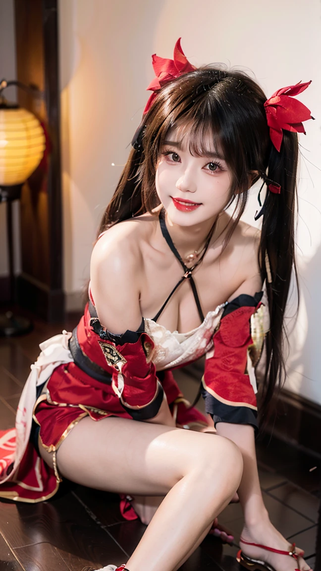 young asian woman, (long white bunny ears), (Cute red and white shrine maiden costume), Long white hair, Twin tails and bangs, Japan Traditional Hair Ornaments, Big Breasts, Shrine under the full moon, Sitting, White Stockings, Athletic ability, Bright red lips