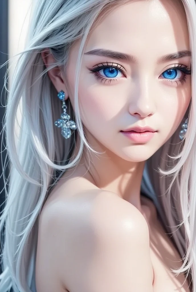 Photorealistic, High resolution, softlight, 1girl in, Solo, hips up high, Blue eyes, (silvery white straight long hair), Red lips, black lace sexy lingerie, hips up high, Jewelry,