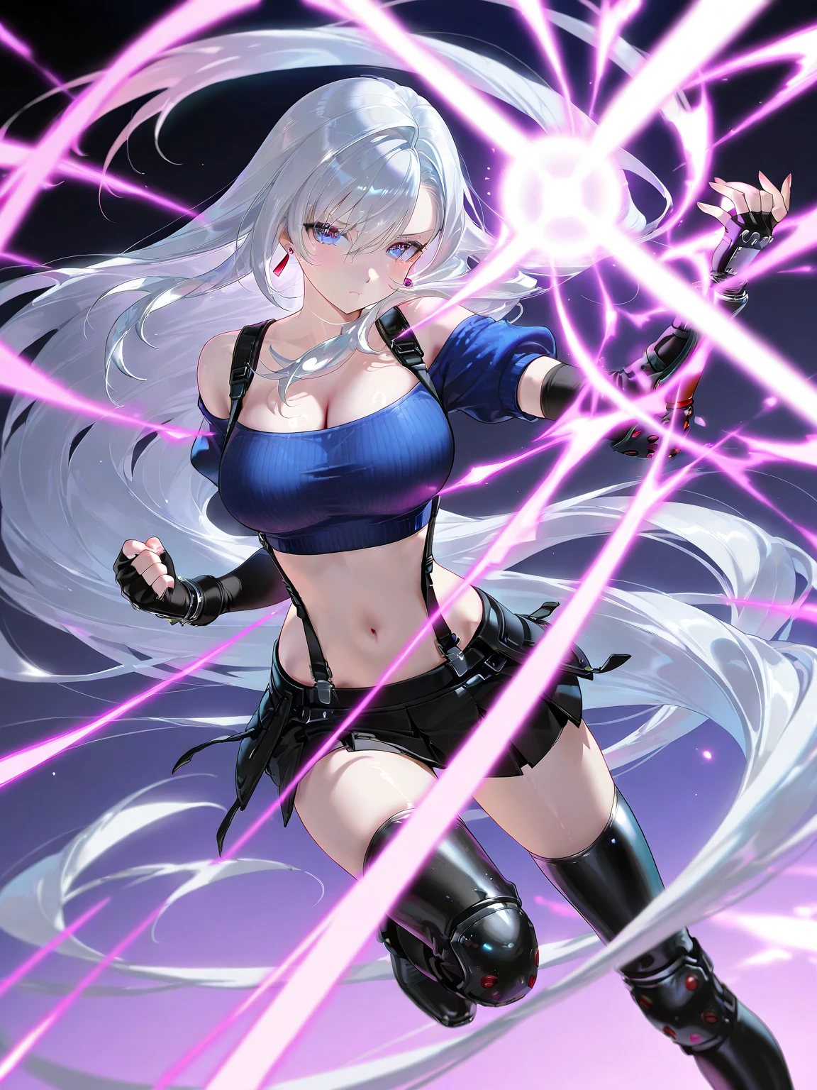 top-quality、Top image quality、masterpiece、girl with((Red short skirt、Black Bikini、White jacket、glowing mechanic suit、18year old、r、cute little、Best Bust、big bast,Beautiful shining purple eyes、Breasts wide open, a blond、Longhaire、A slender,Large valleys、belligerent movements,sharp claws、he has a long knife in his right hand.、Holds a short knife in the left hand、head phone、fighting poses、Bad face、splatters、Feeling of sprinting)),hiquality、Beautiful Art、Background with((Midwinter world、Oyuki、snow blowing、Crystal Tower)))、,masutepiece、depth of fields,Cinematic style