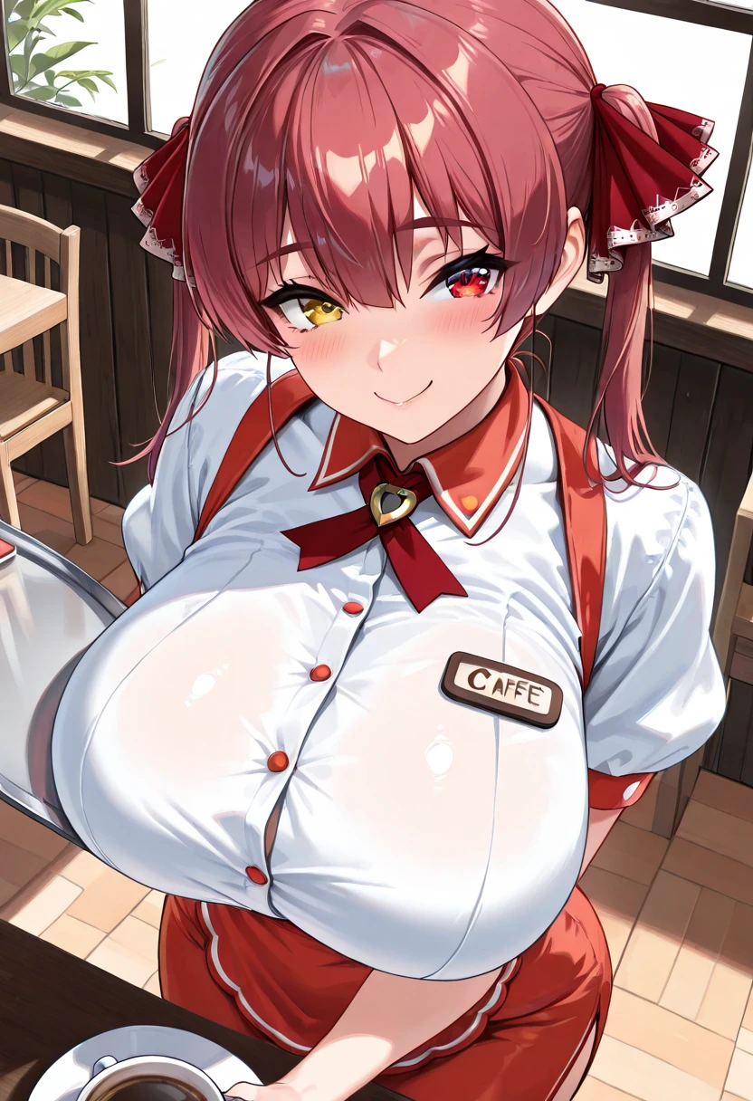 Realistic, masterpiece, Highest quality, (Detailed eyes), 1 girl, Huge breasts, Sweat, night, Outdoor, Bustling restaurant, Micro bikini in, Micro bikini with only strings, Wet Face, Wet body, Mechanical Horn, Earrings,  White apron,  puffy short sleeve, Between the breasts, Small tray, Mole on chest, Center opening,  bow tie, Pelvic Curtain, (Wide Hips), (Viewers looking down:1.1), (throw :1.3), (anger :1.1),Red hair,Place the breast on the tray,Perfect Face:1.5,Bukkake:1.3,Semen on clothes:1.3,Excessive ejaculation:1.4,Sperm all over the body:2.5,Sperm on the face:2.5,