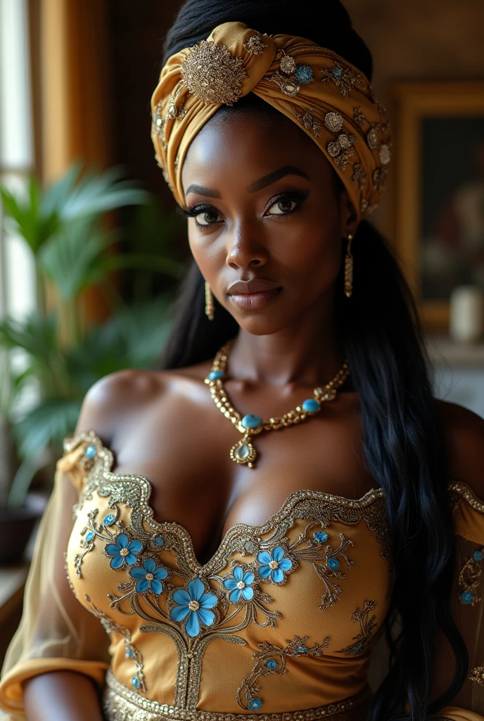 Black woman, African scenery, honey colored eyes, large breasts, typical African clothing