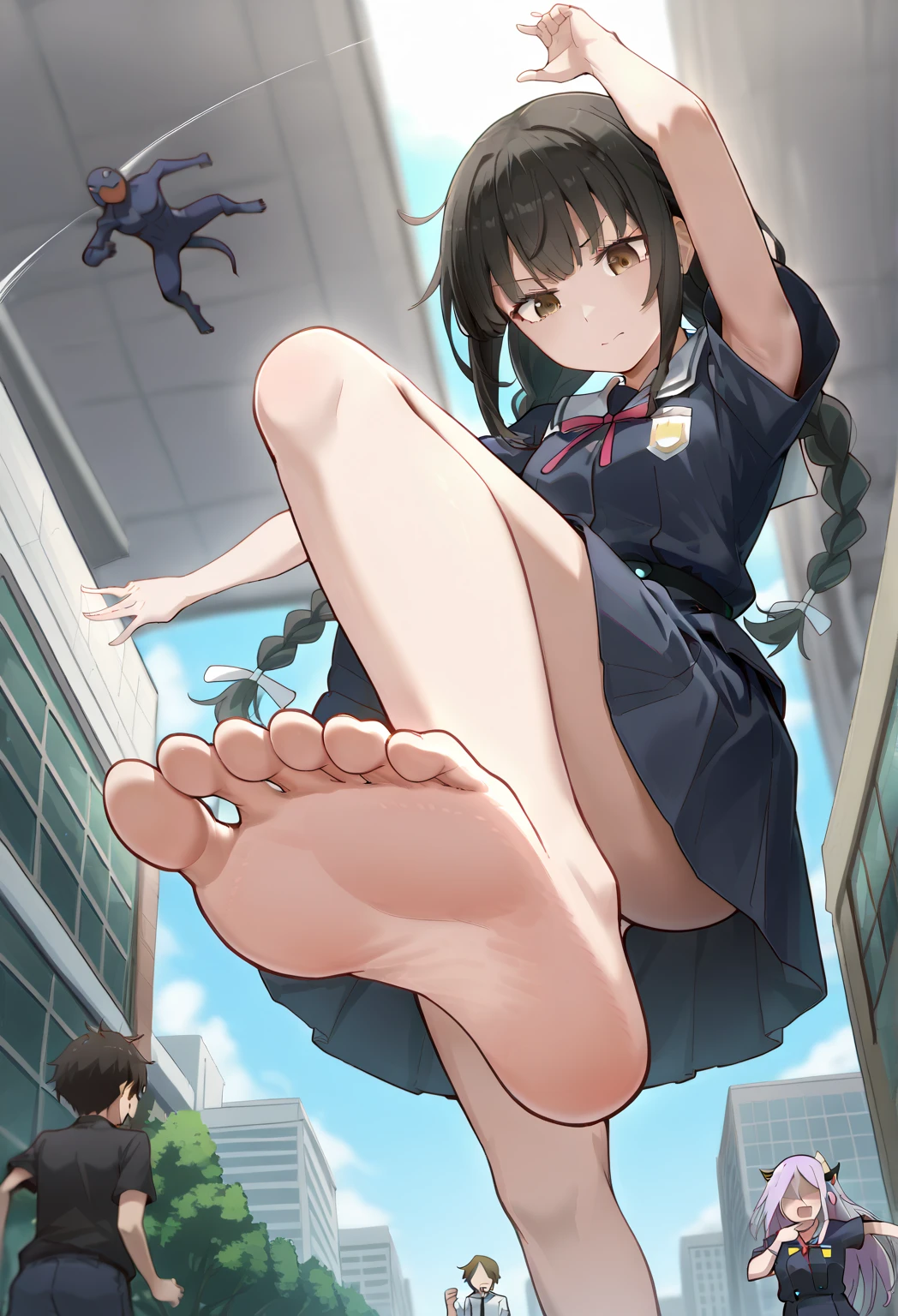(1 girl ) Skinny, Pioneer schoolgirl, bully, brown short shoulder-length hair, Evil grin,  brown eye, bully, bully, School white shirt and skirt, legsupms, bare feet. giantess, gts. The city