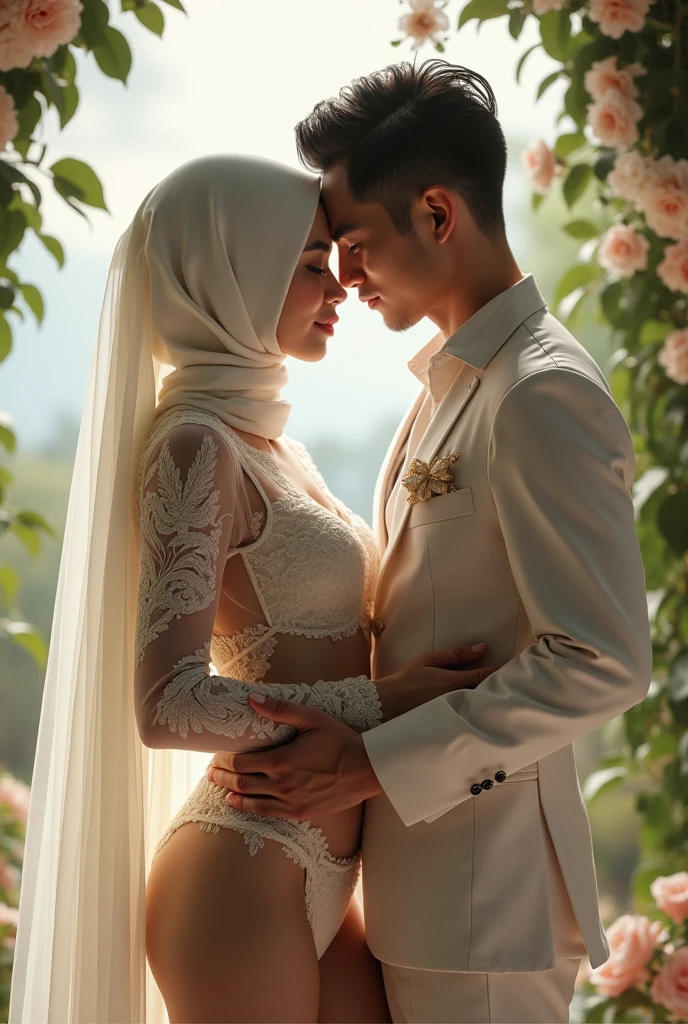 (1 gorgeous malay girl wearing thongs and arm sleeve, topless, wearing plain hijab, she is hugging 1 handsome man 40 years old with slick back hair, he is shirtless and wear panties) ((he is having sex with her)), dynamic pose, ultra realistic, masterpiece, maximum quality, detailed skin texture, skin pores, film grain, eyes closed, skin marks, moles, highly detailed skin, fantasy flower garden, (flowers blooming densely in background), lisianthus, pale pink and light azure color grading, surreal and dreamy environment, ethereal foliage, high contrast, ink strokes, over exposure, abstract, (watercolor painting by John Berkey and Jeremy Mann, brush strokes), flower petals and leaves flying blown by wind, film grain, film noise, cinematic composition