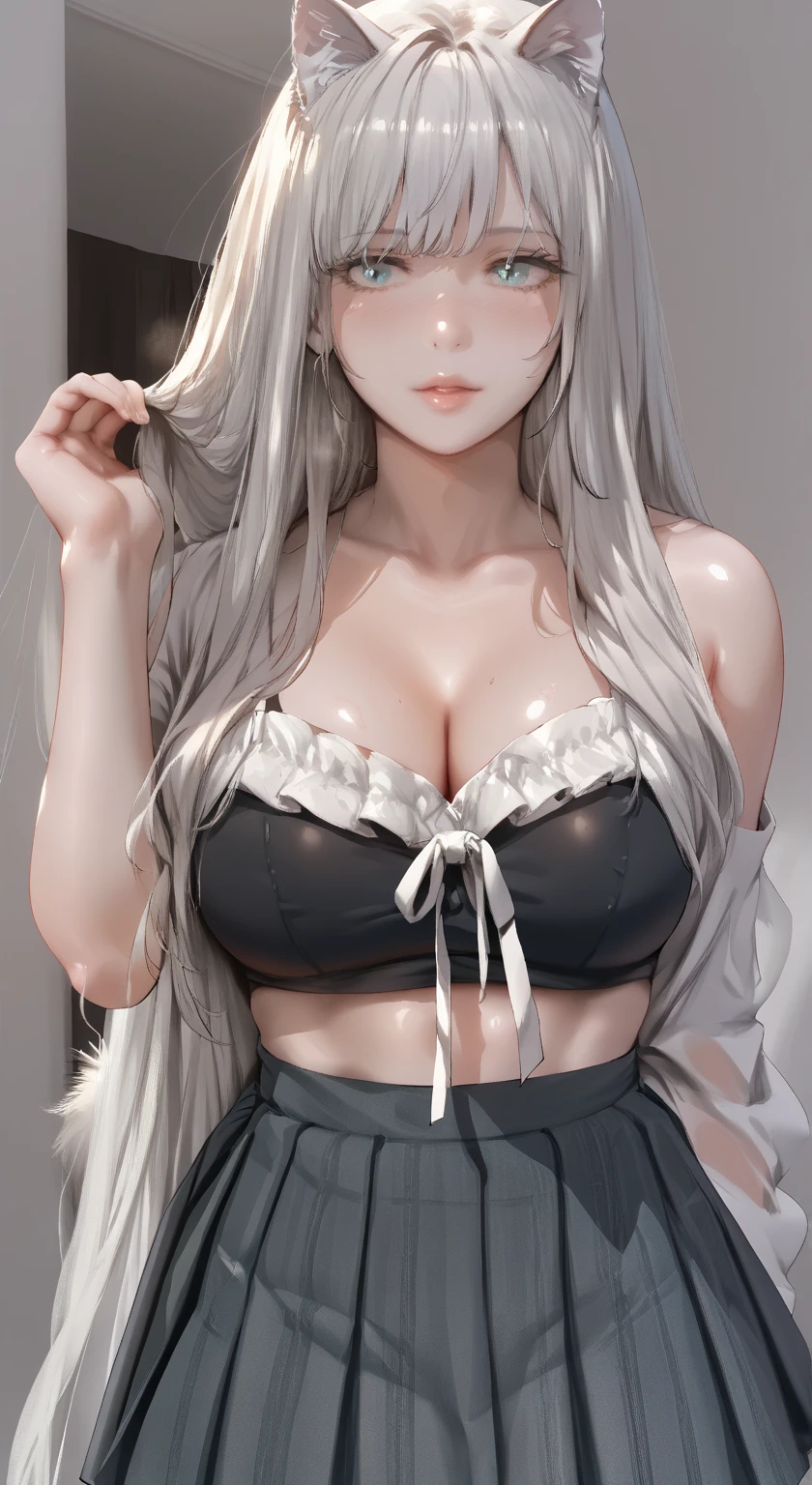 ((highest quality、High resolution、ultra detailed, 8K、masterpiece:1.8))、dynamic angle、I can see the whole body、wallpaper、1 girl、unparalleled beauty、ultimate beauty、super detailed face、delicate eyes、loving smile、sexy look、shirtlift tease, looking at the camera、Depth of bounds written、light particles、side light、ponytail、silver hair、white hoodie、black shortskirt, cropped hoodie underboob, Exposed underboob, huge breasts, white stockings, Sneakers、slim、slender、Street park ,