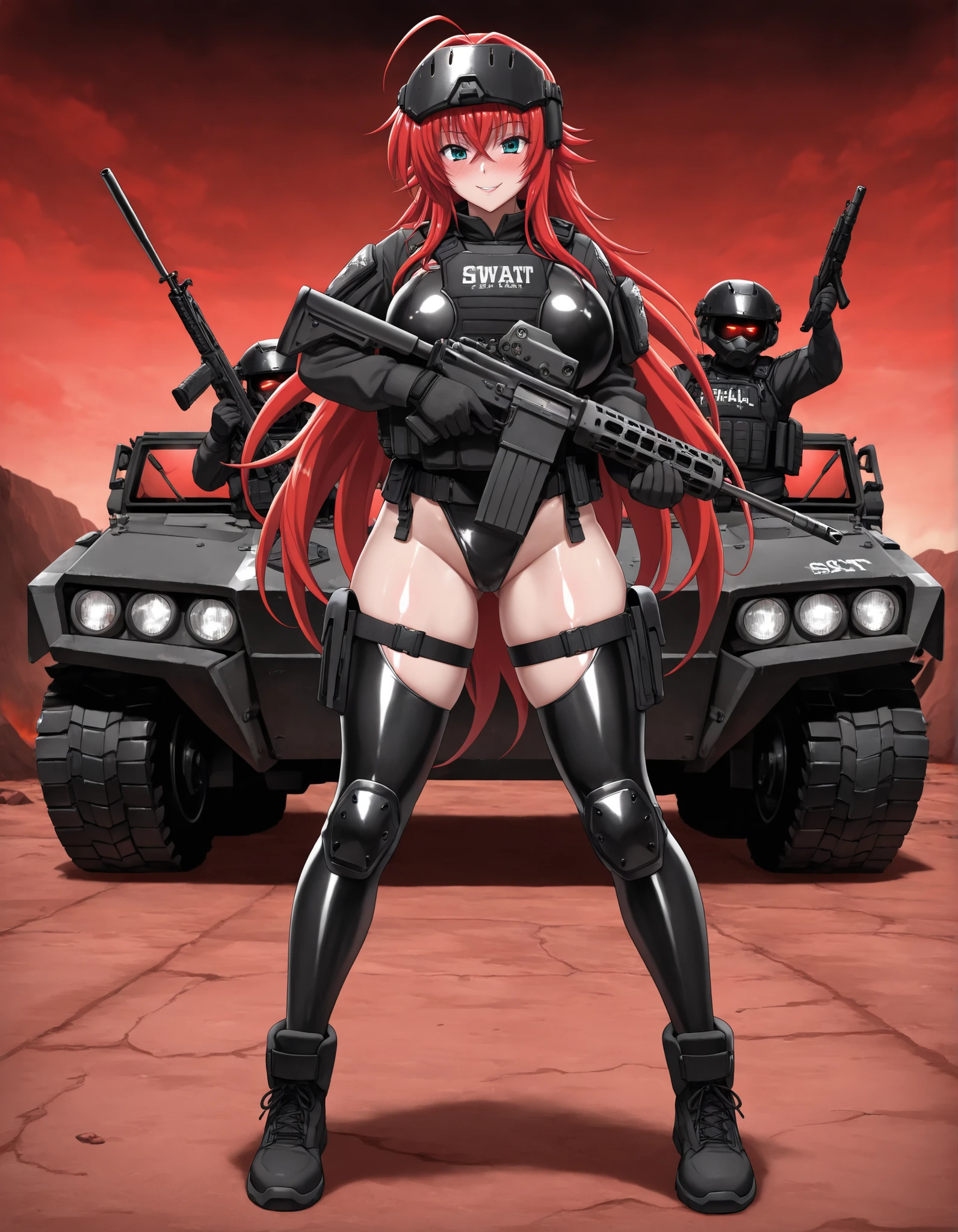 Rias Gremory, big breasts, (((full body black dark swat tactical uniform))), (((bulletproof vest))), soldier of hell, (((shiny skin))), in a hell, red sky, demon paradise, sexy pose, evil smile, blushing, holding a rifle, War zone, armored vehicles, special operations,