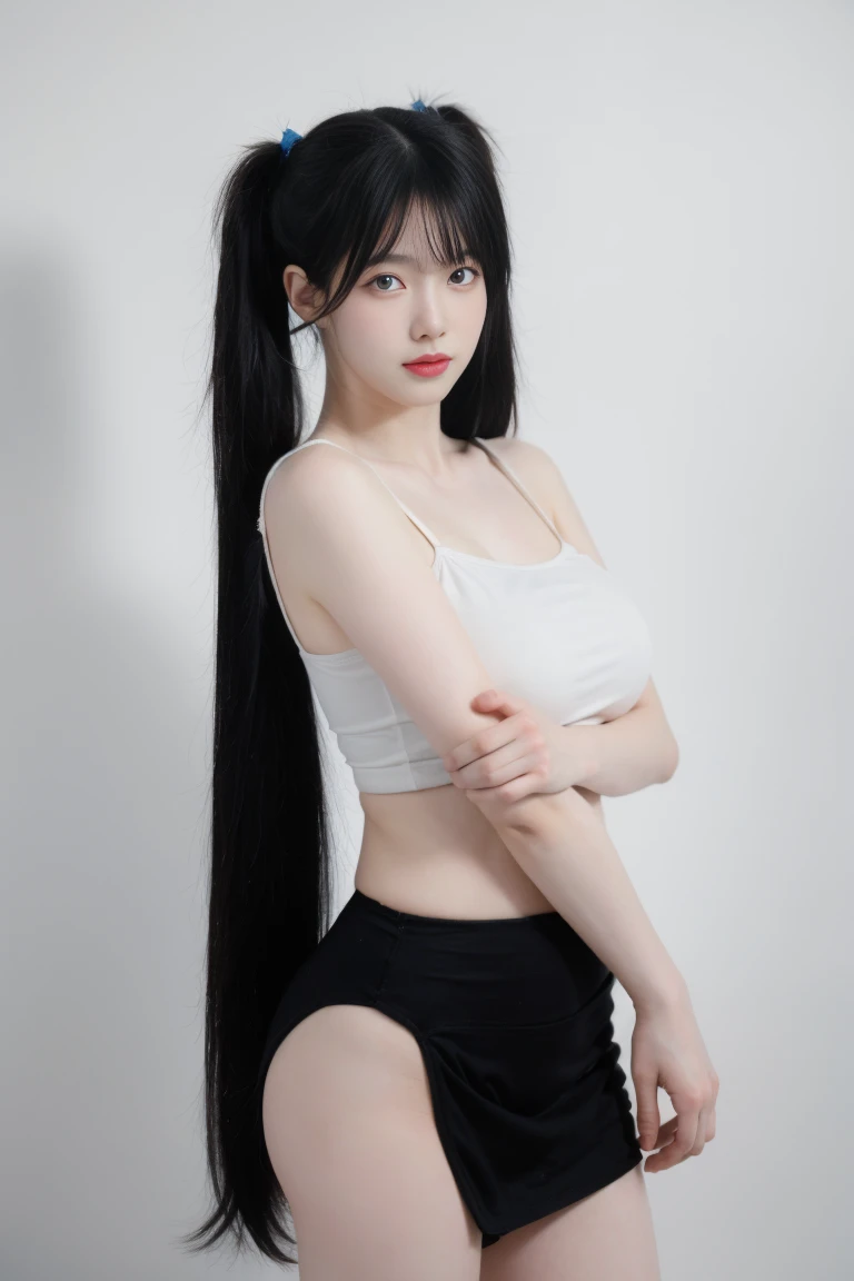 best quality, tmasterpiece,Ultra-high resolution,Clear face,(Reality:1.4),ferpect lighting,(upper body shot), (photorealistic:1.50), anime wallpaper, Guviz style artwork, cover-up fantasy up to magic , by Yang J, Guviz, beautiful artwork illustration, beautiful digital artwork, beautiful digital illustration, Li Song, beautiful anime portrait, art style in Beauvot, 1girl, 独奏, long hair, (twintails:1.3), black hair, Tank top, Pleated skirt, standing, Arms behind back, pale skin,perfect body,shiny skin,hitman,shenhe \(genshin impact\),(hair above one eye),long hair,tassels,tassel earrings ,(close-up photos:1.1),(super giant breasts:1.3),(arms behind back),white hair,(hair ornament),