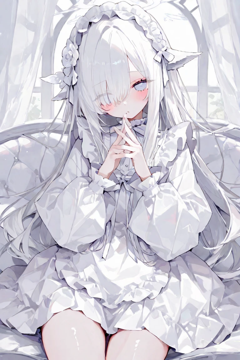 ((highest quality)), ((masterpiece)), ((Very detailed)), (Very cute),絹のような優しい薄い茶colorの髪の身長が165cmくらいの笑顔の女性,color(white)(orange)(black)が3color均等に使われたある光沢感を薄いロングヘアのフード付きのパーカーを着た笑顔の女性, alone, Cute attitude,(background(bright),Long Hair - Straight,Knee-high socks、black and white wedding dress with hood,White wall、Sitting、Face is close、Being in a white room、Facing the viewer、Illustration-like feel