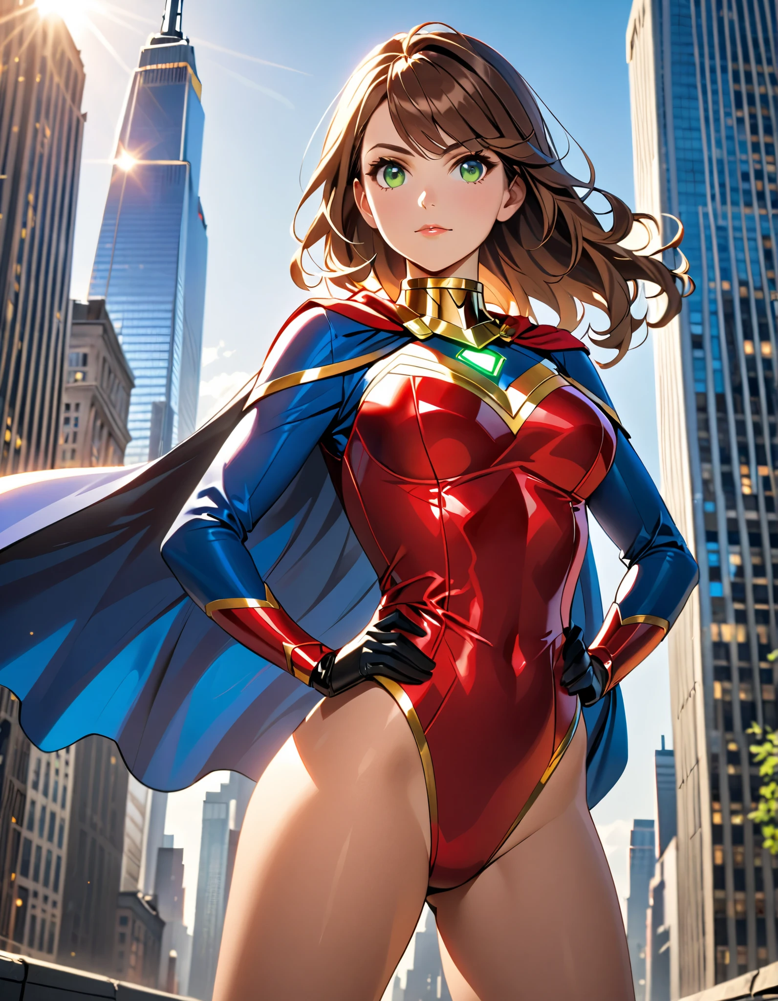 (masterpiece), (best quality), (high res), 1lady, tall body, beautiful detailed eyes, beautiful detailed face, perfect hands, complete fingers, perfect anatomy, perfect proportions, ((brown hair, medium hair)), ((green eyes)), ((leotard, red leotard, matching leotard, bare legs)), ((boots, matching boots, knee-high boots, yellow boots)), breasts, medium breasts, (full body portrait), looking at viewer, solo, solo focus, standing, one hand on hip, cowboy shot, new york backdrop, (belt, tight belt), (blue sleeves, yellow cuffs), (yellow hawk (symbol) on chest), (medium cape, light blue cape), full body costume design.