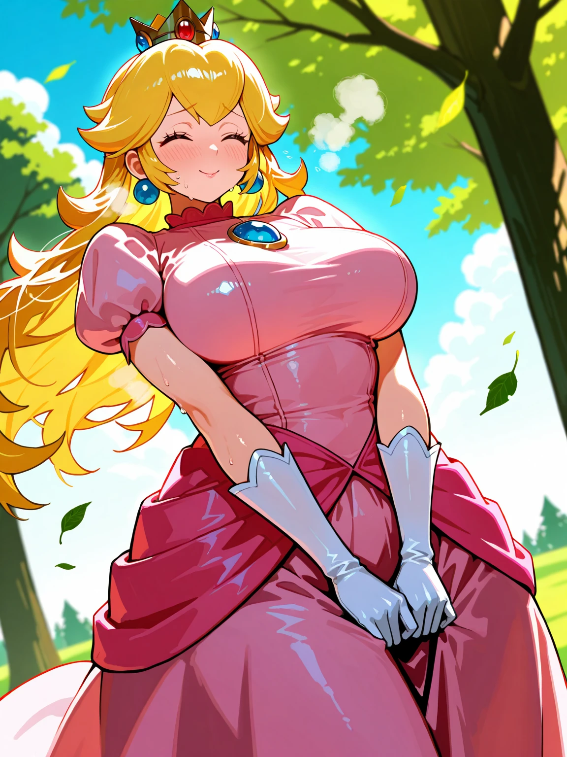 1girl, masterpiece, best_quality:0.5, highres, 4K image, (incredible_details:0.7), absurdes, ((cowboy_angle_shot:0.4)), princess peach, crown, blonde hair, earnings, beautiful queen, sexy looking, large blue eyes, thick lips, sexy smile, wavy blonde hair, (tight minidress, pink, cleavage), big breasts, colossal cleavage, perfect body, ((long gloves)), ((magical mushrooms field scenery, castle))