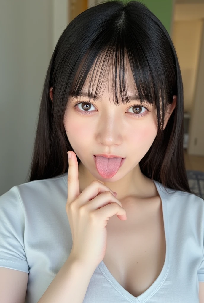 light pink t-shirt,off-shoulder look,bare shoulder,ollarbone,midriff peek,string panties,(open mouth:1.5),(tongue out:2),lying,Selfie,(overhead shot:1),(looking up:1.2),front view,upper body,(1girl,Beautiful 14 year old girl),((Slender,Small breasts,Small face,)),(looking at viewer),Black Hair,bangs,one side up,Beautiful and detailed,(Dimly lit room:1.5),Simple Background,White bed,pillow,Mischievous smile